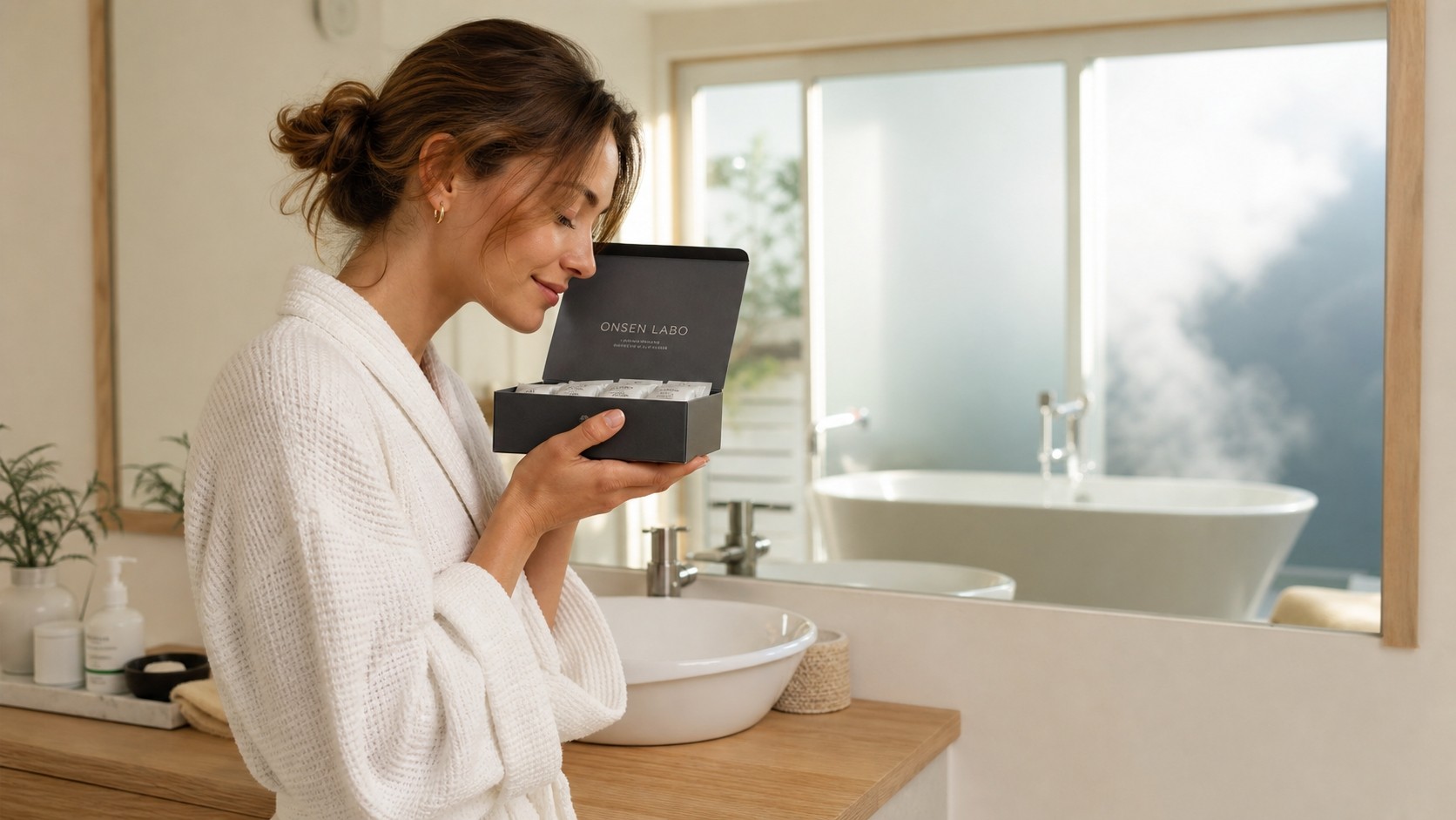 The mineral protocol carried through skin — at the threshold between the bath and the body.